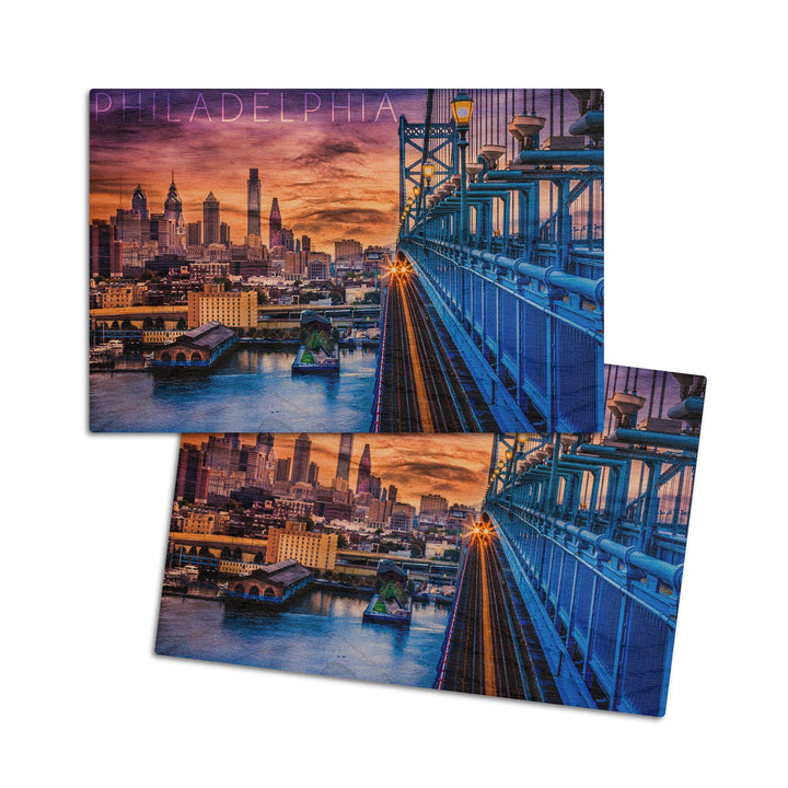 Philadelphia, Pennsylvania, Skyline & Bridge Sunset, Lantern Press Photography, Wood Signs and Postcards Wood Lantern Press 4x6 Wood Postcard Set 