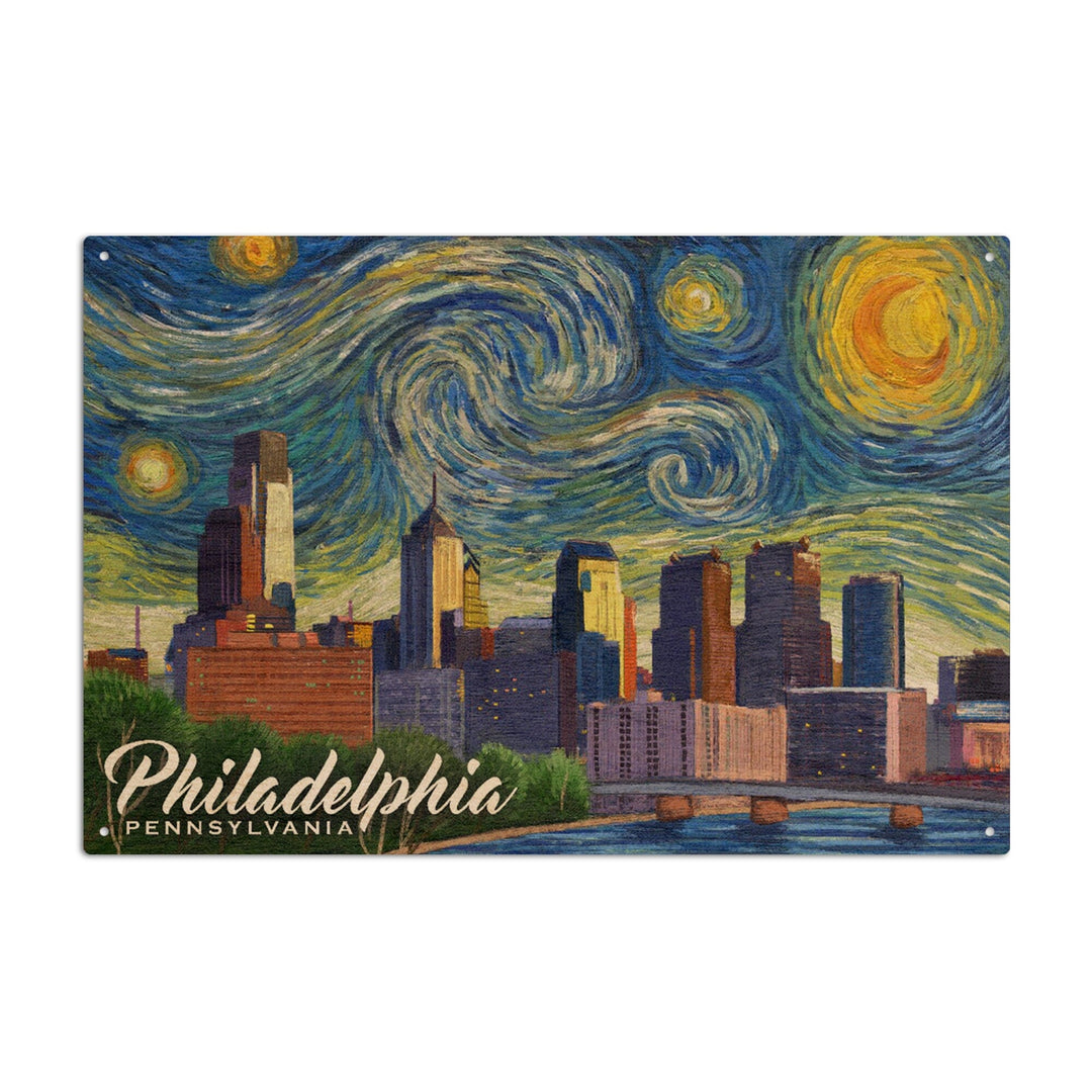 Philadelphia, Pennsylvania, Starry Night City Series, Lantern Press Artwork, Wood Signs and Postcards Wood Lantern Press 10 x 15 Wood Sign 