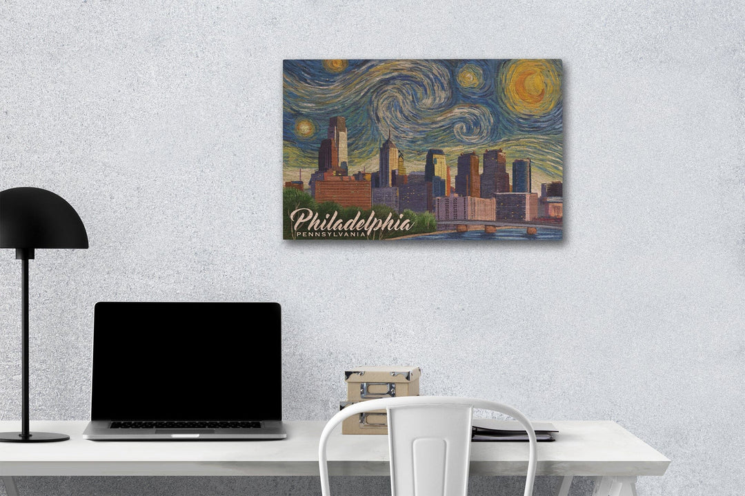 Philadelphia, Pennsylvania, Starry Night City Series, Lantern Press Artwork, Wood Signs and Postcards Wood Lantern Press 12 x 18 Wood Gallery Print 