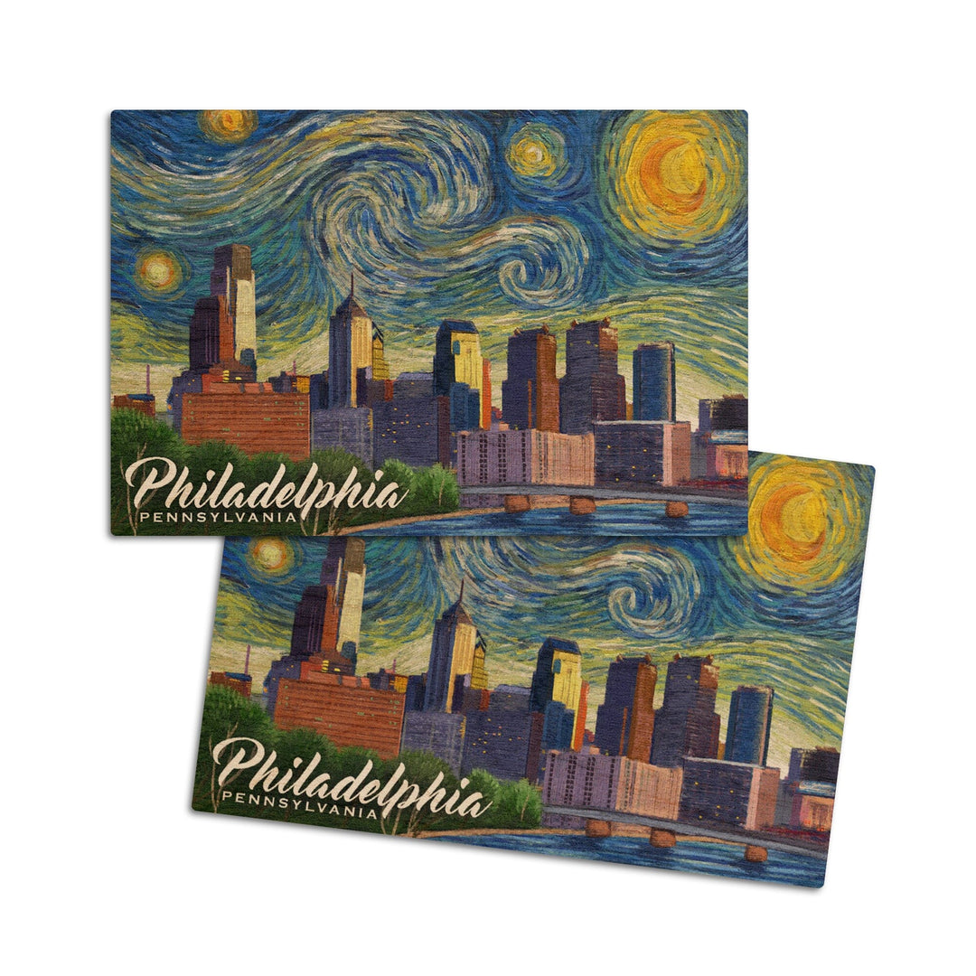 Philadelphia, Pennsylvania, Starry Night City Series, Lantern Press Artwork, Wood Signs and Postcards Wood Lantern Press 4x6 Wood Postcard Set 
