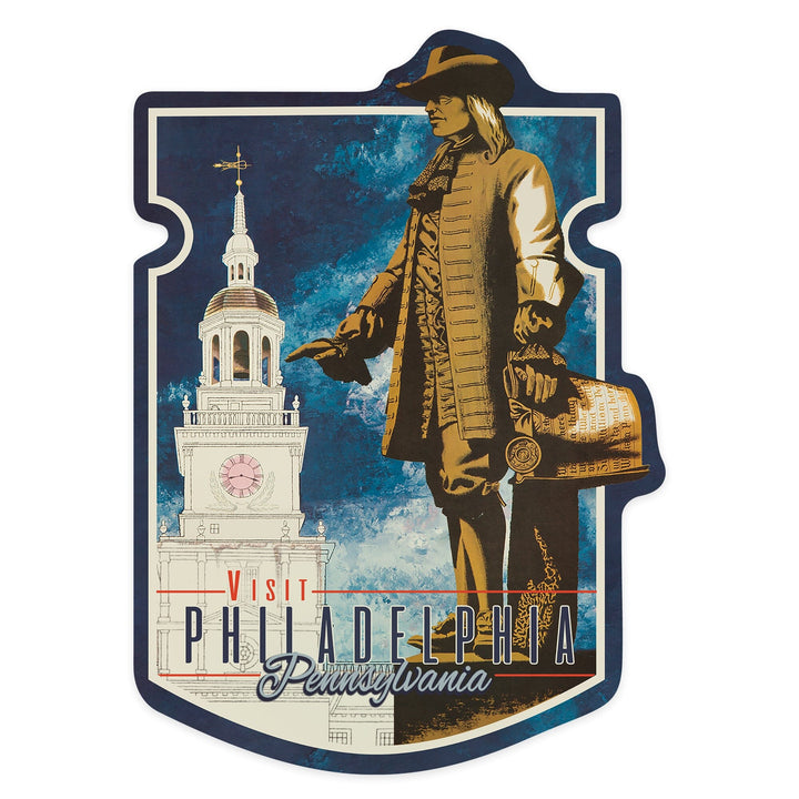 Philadelphia, Pennsylvania, Statue & Independence Hall, Contour, Vintage Illustration, Vinyl Sticker Sticker Lantern Press 