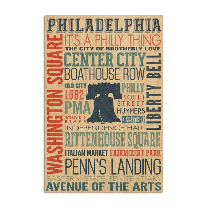 Philadelphia, Pennsylvania, Typography, Lantern Press Artwork, Wood Signs and Postcards Wood Lantern Press 10 x 15 Wood Sign 
