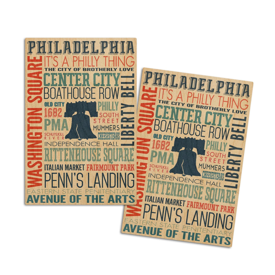 Philadelphia, Pennsylvania, Typography, Lantern Press Artwork, Wood Signs and Postcards Wood Lantern Press 4x6 Wood Postcard Set 