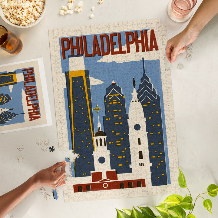 Philadelphia, Pennsylvania, Woodblock, Jigsaw Puzzle Puzzle Lantern Press 