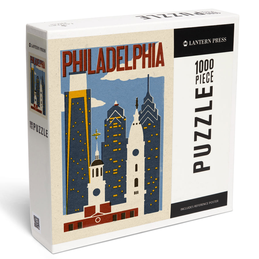 Philadelphia, Pennsylvania, Woodblock, Jigsaw Puzzle Puzzle Lantern Press 