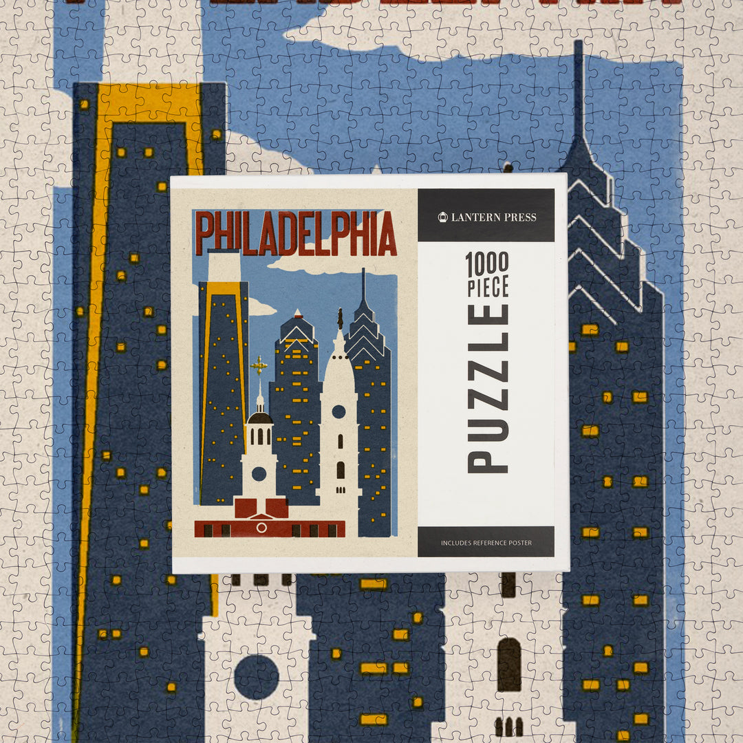 Philadelphia, Pennsylvania, Woodblock, Jigsaw Puzzle Puzzle Lantern Press 
