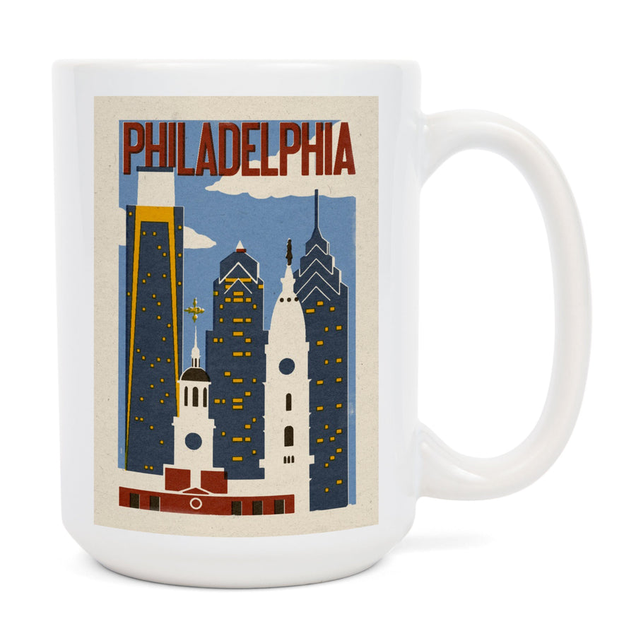 Philadelphia, Pennsylvania, Woodblock, Lantern Press Artwork, Ceramic Mug Mugs Lantern Press 
