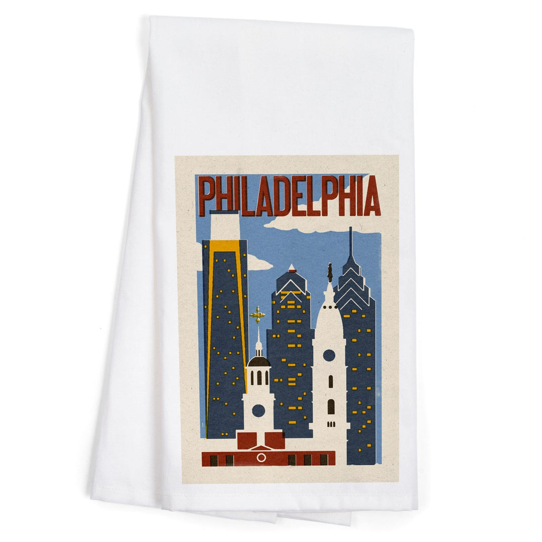 Philadelphia, Pennsylvania, Woodblock, Organic Cotton Kitchen Tea Towels Kitchen Lantern Press 