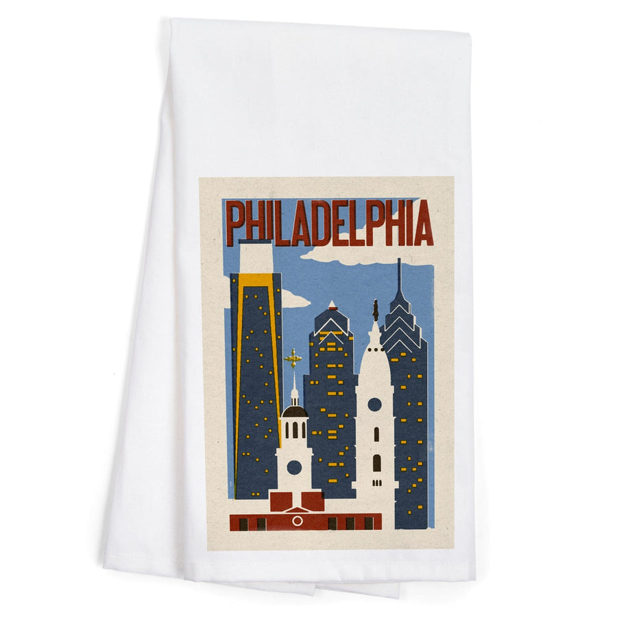 Philadelphia, Pennsylvania, Woodblock, Organic Cotton Kitchen Tea Towels Kitchen Lantern Press 