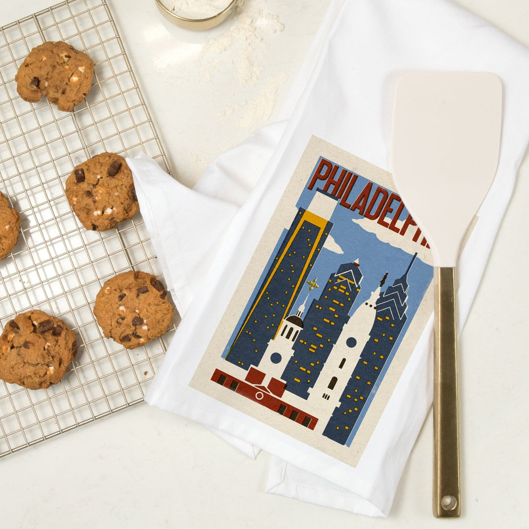 Philadelphia, Pennsylvania, Woodblock, Organic Cotton Kitchen Tea Towels Kitchen Lantern Press 