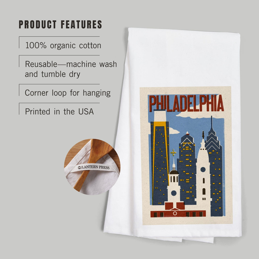 Philadelphia, Pennsylvania, Woodblock, Organic Cotton Kitchen Tea Towels Kitchen Lantern Press 