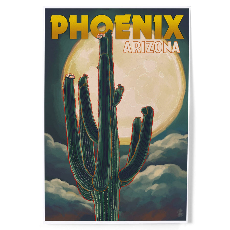 Phoenix, Arizona, Cactus and Full Moon, Art & Giclee Prints Art Lantern Press 