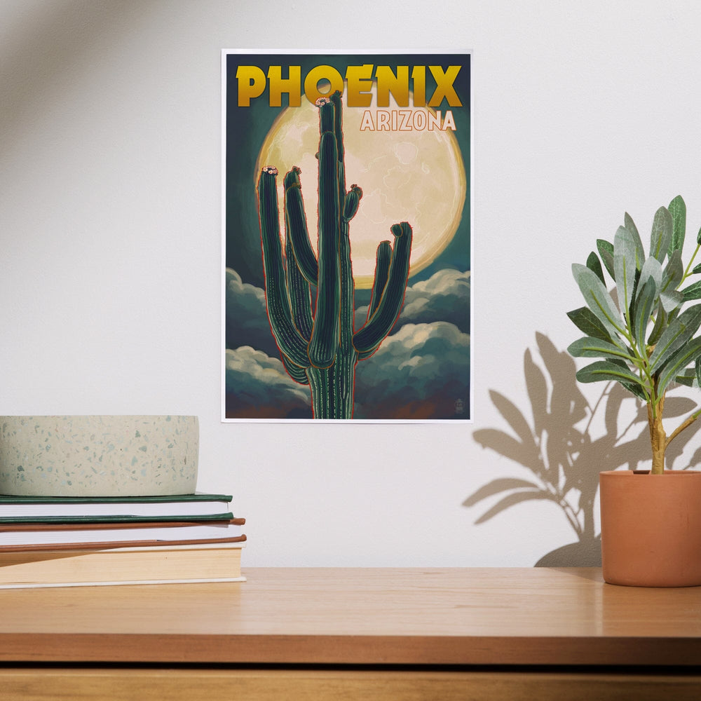Phoenix, Arizona, Cactus and Full Moon, Art & Giclee Prints Art Lantern Press 