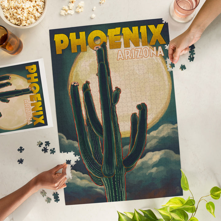 Phoenix, Arizona, Cactus and Full Moon, Jigsaw Puzzle Puzzle Lantern Press 