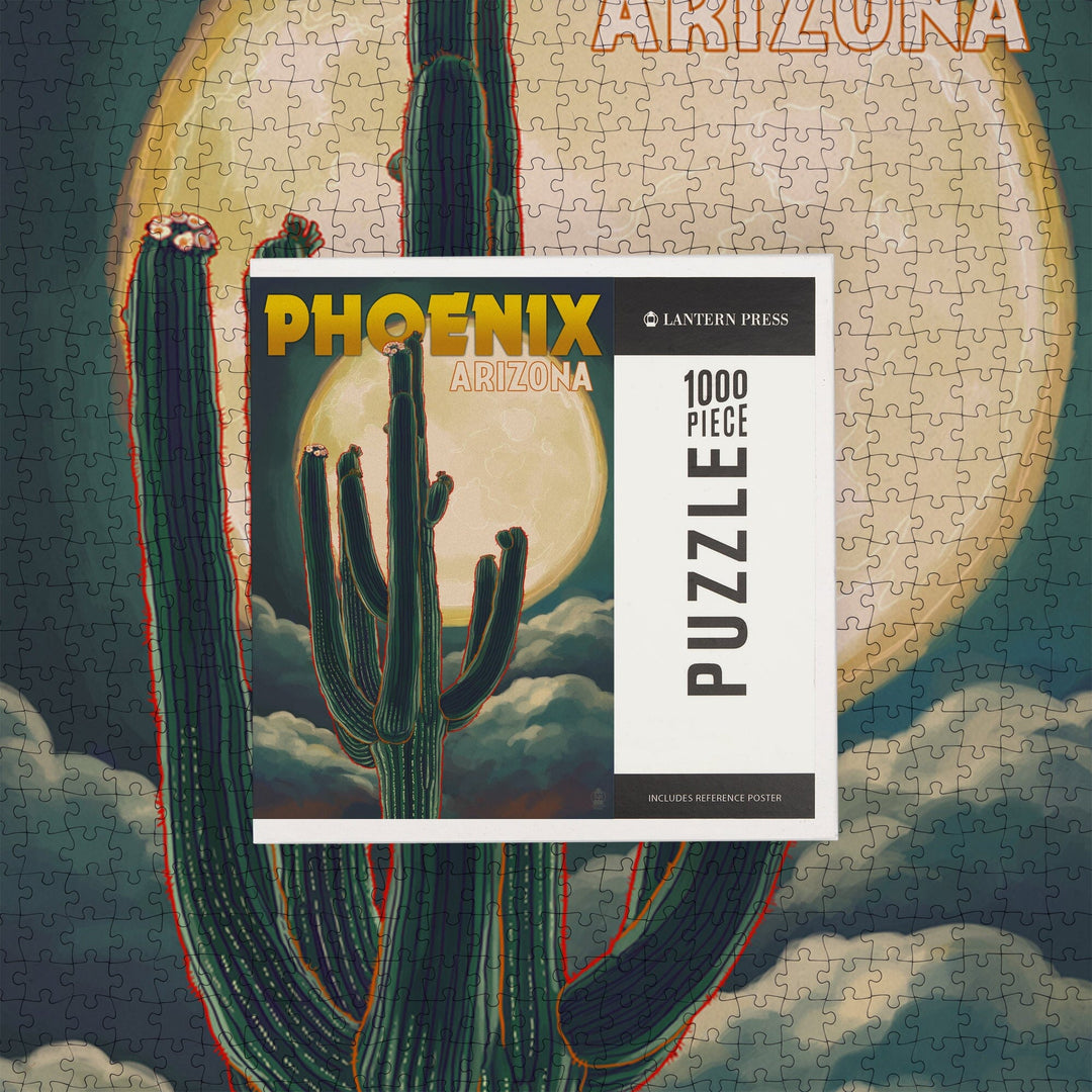 Phoenix, Arizona, Cactus and Full Moon, Jigsaw Puzzle Puzzle Lantern Press 