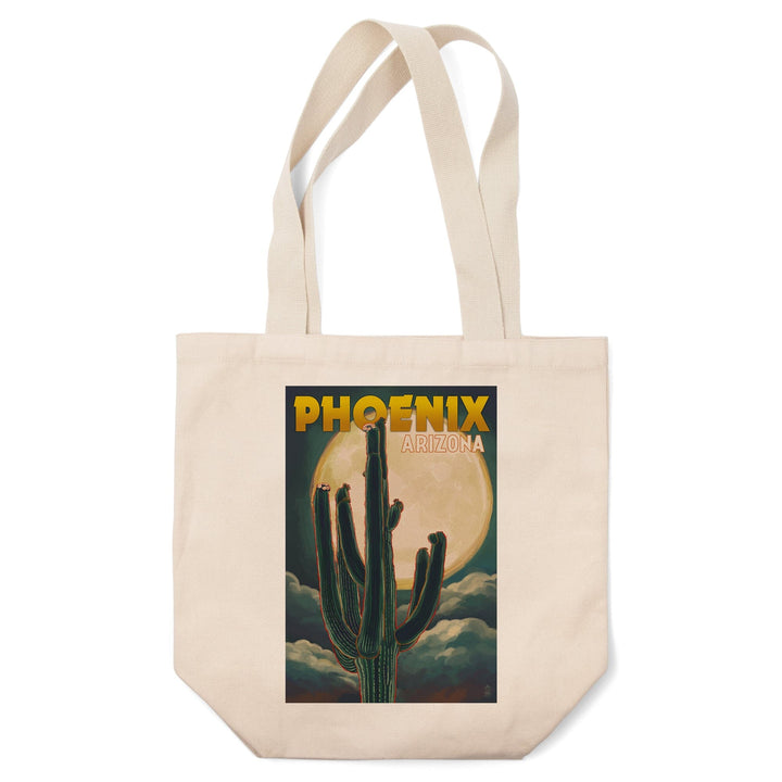 Phoenix, Arizona, Cactus & Full Moon, Lantern Press Artwork, Tote Bag Totes Lantern Press 