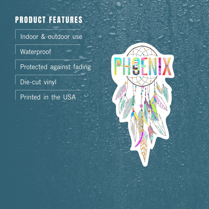 Phoenix, Arizona, Colorful Feathers, Dreamcatcher, Contour, Vinyl Sticker Sticker Lantern Press 