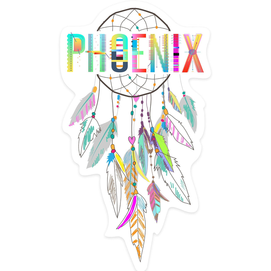 Phoenix, Arizona, Colorful Feathers, Dreamcatcher, Contour, Vinyl Sticker Sticker Lantern Press 