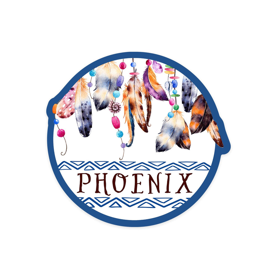 Phoenix, Arizona, Colorful Hanging Feathers, Contour, Lantern Press Artwork, Vinyl Sticker Sticker Lantern Press 