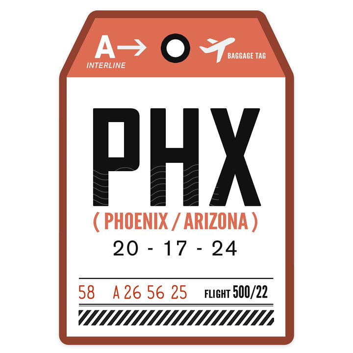 Phoenix, Arizona, PHX, Luggage Tag, Contour, Vinyl Sticker Sticker Lantern Press 