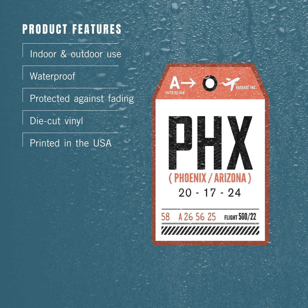 Phoenix, Arizona, PHX, Luggage Tag, Contour, Vinyl Sticker Sticker Lantern Press 