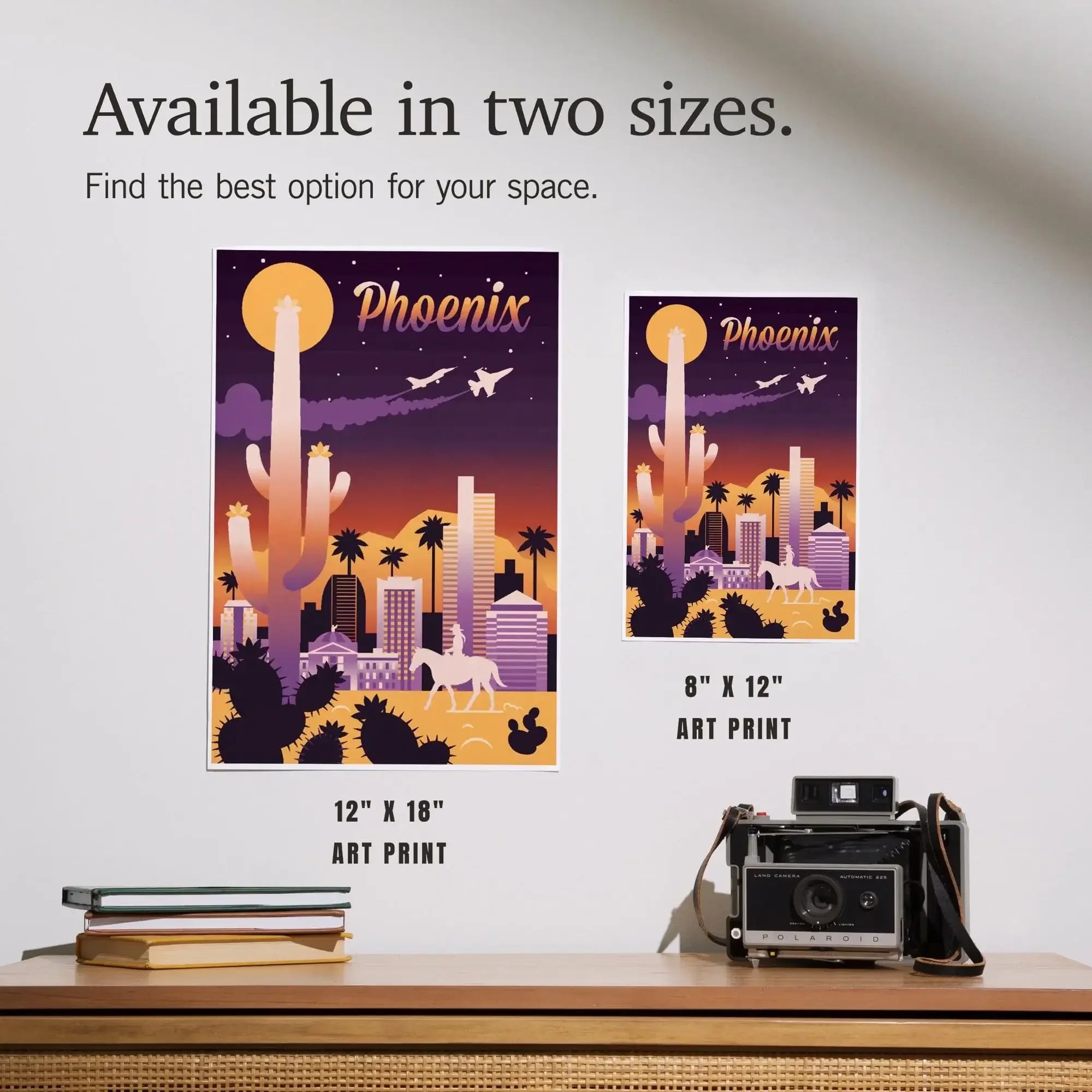 Phoenix, Arizona, Retro Skyline Chromatic Series art prints, metal