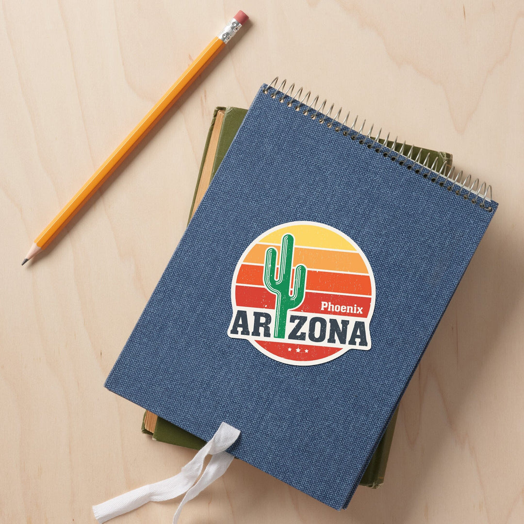 Phoenix, Arizona, Sun & Cactus, Contour, Vinyl Sticker Sticker Lantern Press 