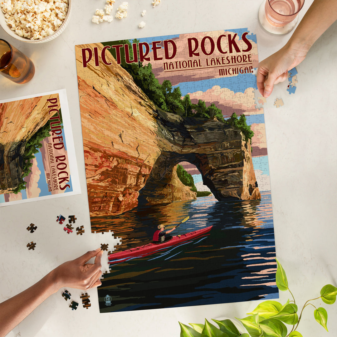 Pictured Rocks, Michigan, Kayaker, Jigsaw Puzzle Puzzle Lantern Press 