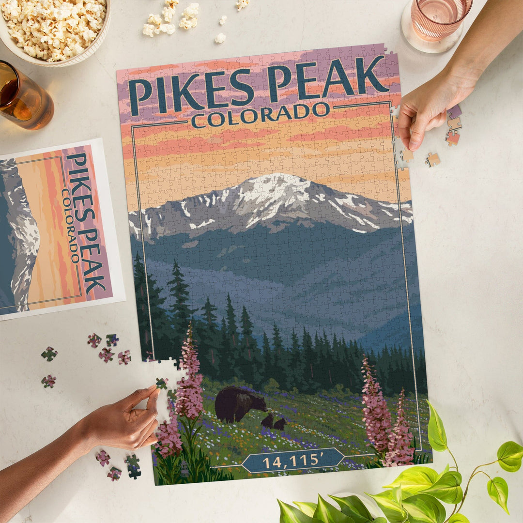 Pikes Peak, Colorado, Bear and Spring Flowers, Jigsaw Puzzle Puzzle Lantern Press 