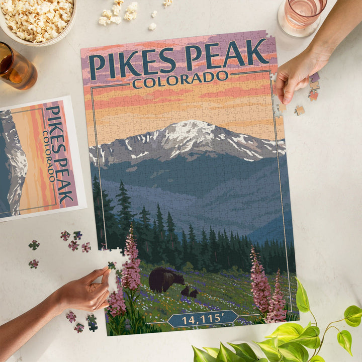 Pikes Peak, Colorado, Bear and Spring Flowers, Jigsaw Puzzle Puzzle Lantern Press 