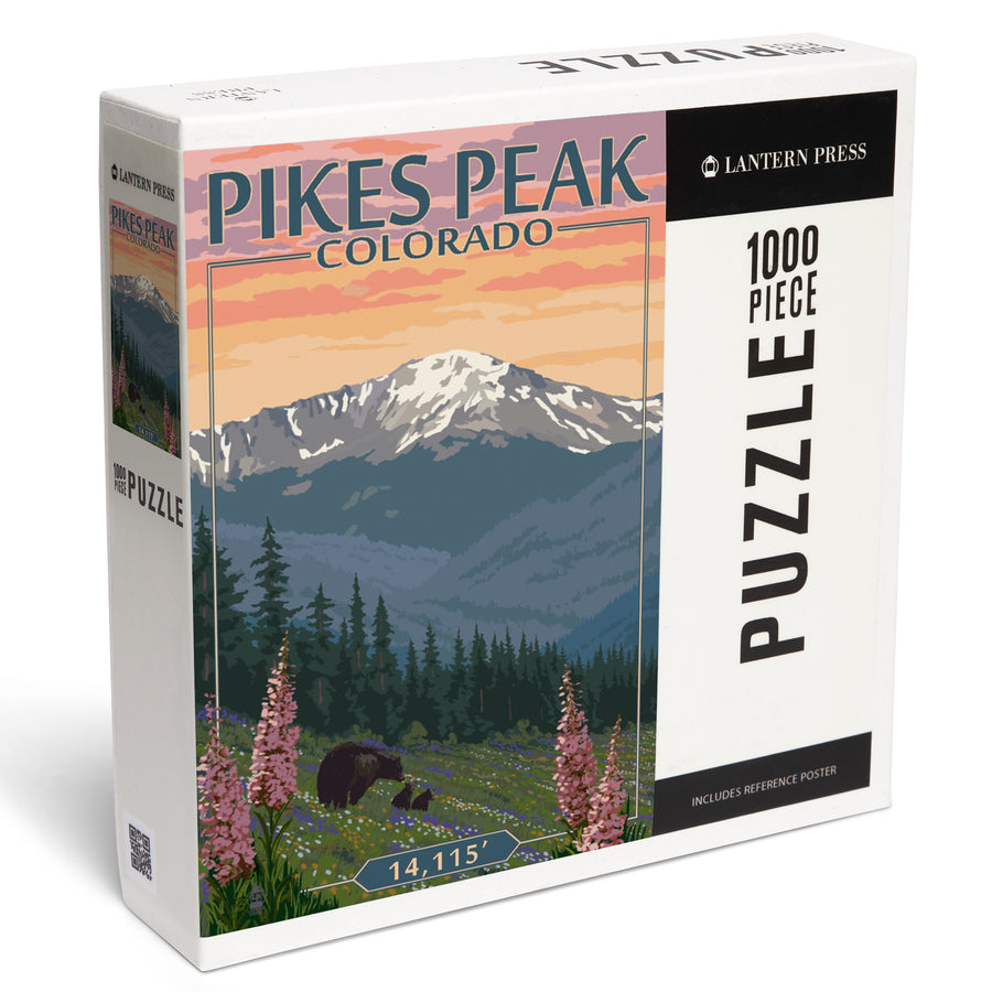 Pikes Peak, Colorado, Bear and Spring Flowers, Jigsaw Puzzle Puzzle Lantern Press 