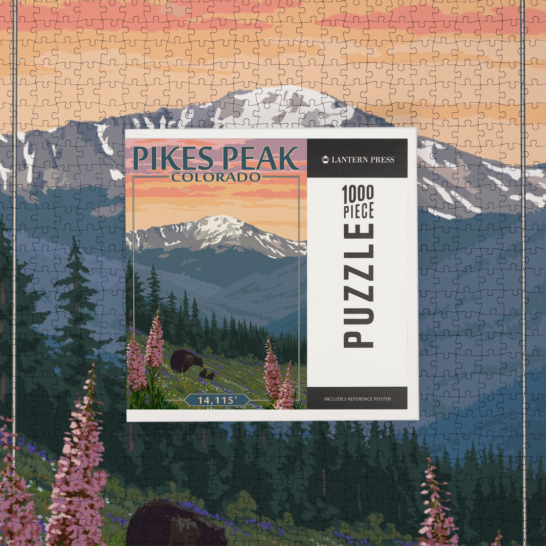 Pikes Peak, Colorado, Bear and Spring Flowers, Jigsaw Puzzle Puzzle Lantern Press 