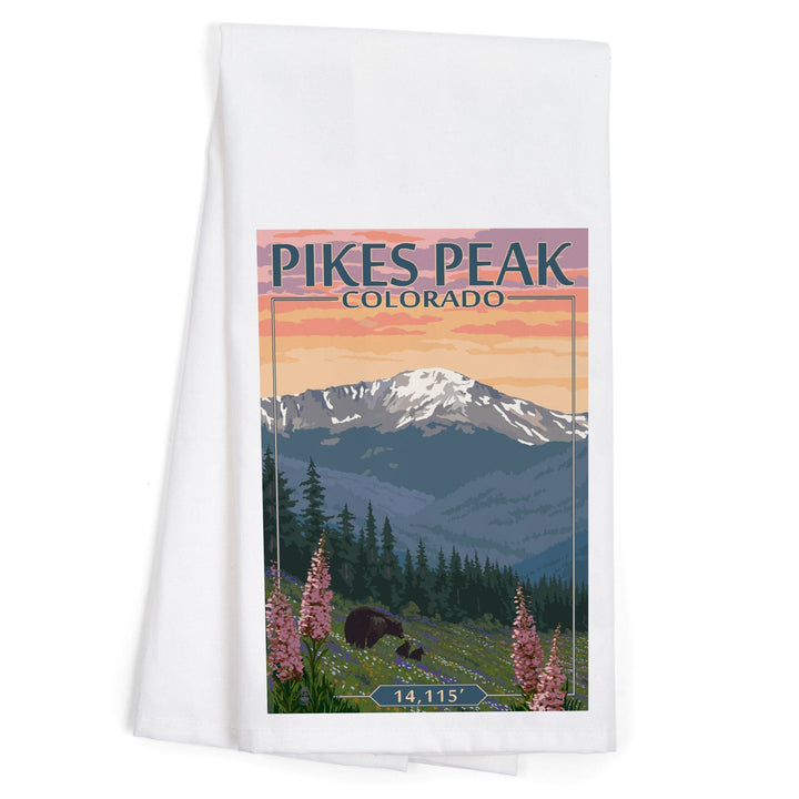Pikes Peak, Colorado, Bear and Spring Flowers, Organic Cotton Kitchen Tea Towels Kitchen Lantern Press 