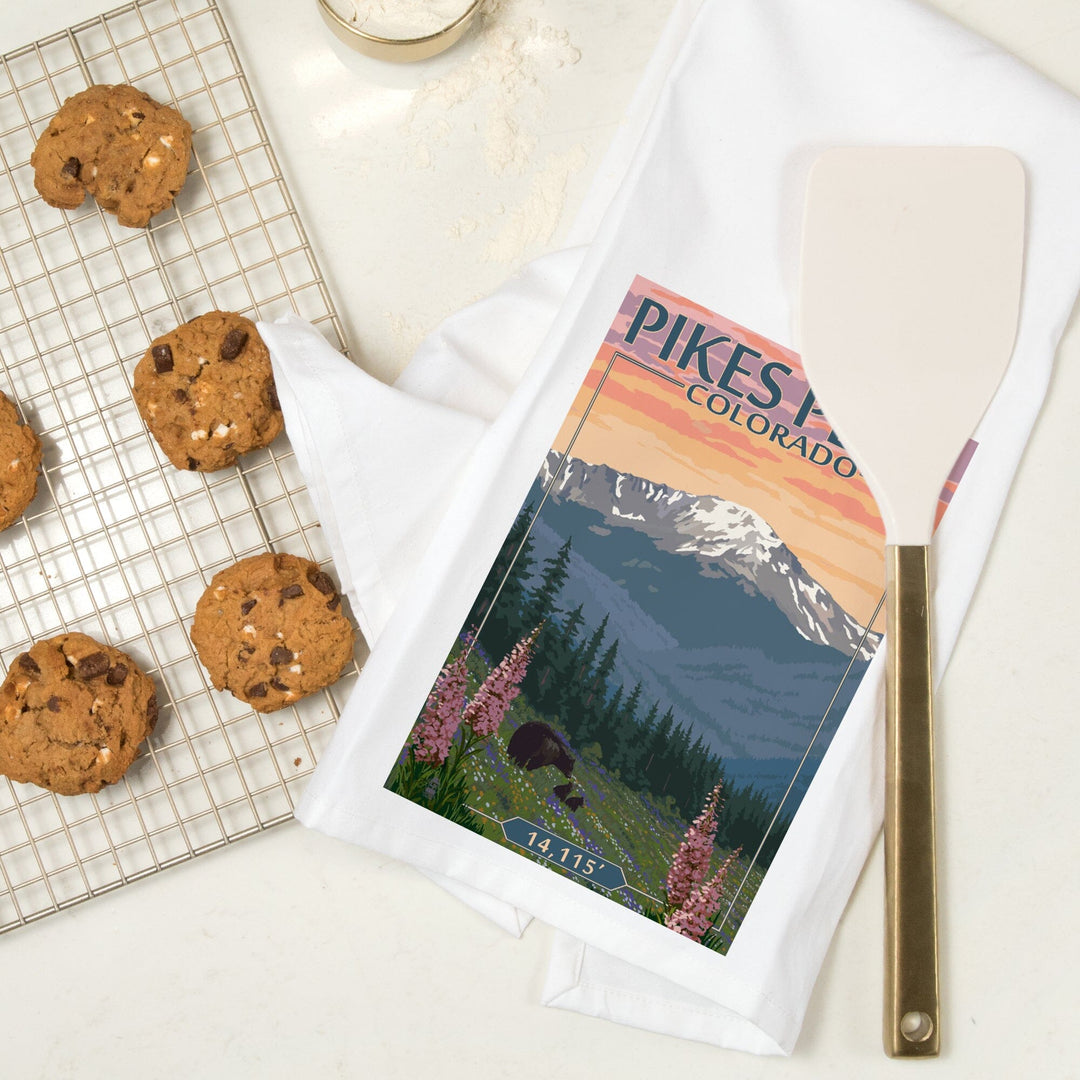 Pikes Peak, Colorado, Bear and Spring Flowers, Organic Cotton Kitchen Tea Towels Kitchen Lantern Press 
