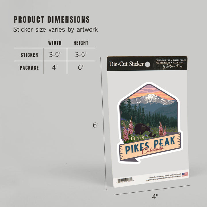 Pikes Peak, Colorado, Bear & Spring Flowers, Contour, Lantern Press Artwork, Vinyl Sticker Sticker Lantern Press 