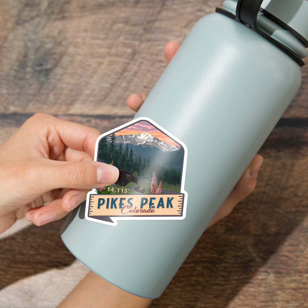 Pikes Peak, Colorado, Bear & Spring Flowers, Contour, Lantern Press Artwork, Vinyl Sticker Sticker Lantern Press 
