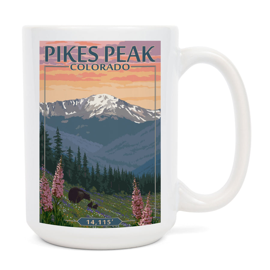 Pikes Peak, Colorado, Bear & Spring Flowers, Lantern Press Artwork, Ceramic Mug Mugs Lantern Press 