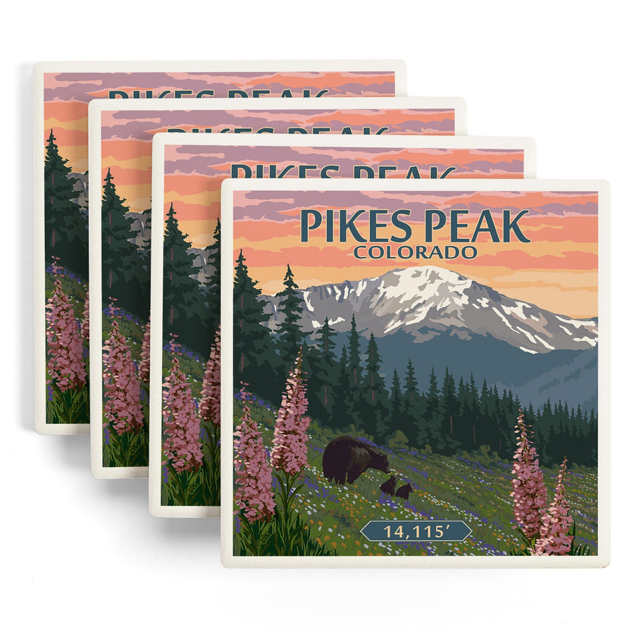 Pikes Peak, Colorado, Bear & Spring Flowers, Lantern Press Artwork, Coaster Set Coasters Lantern Press 