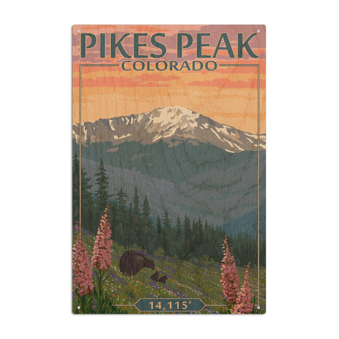 Pikes Peak, Colorado, Bear & Spring Flowers, Lantern Press Artwork, Wood Signs and Postcards Wood Lantern Press 10 x 15 Wood Sign 