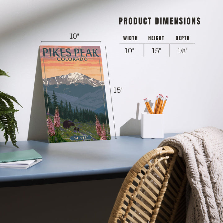 Pikes Peak, Colorado, Bear & Spring Flowers, Lantern Press Artwork, Wood Signs and Postcards Wood Lantern Press 