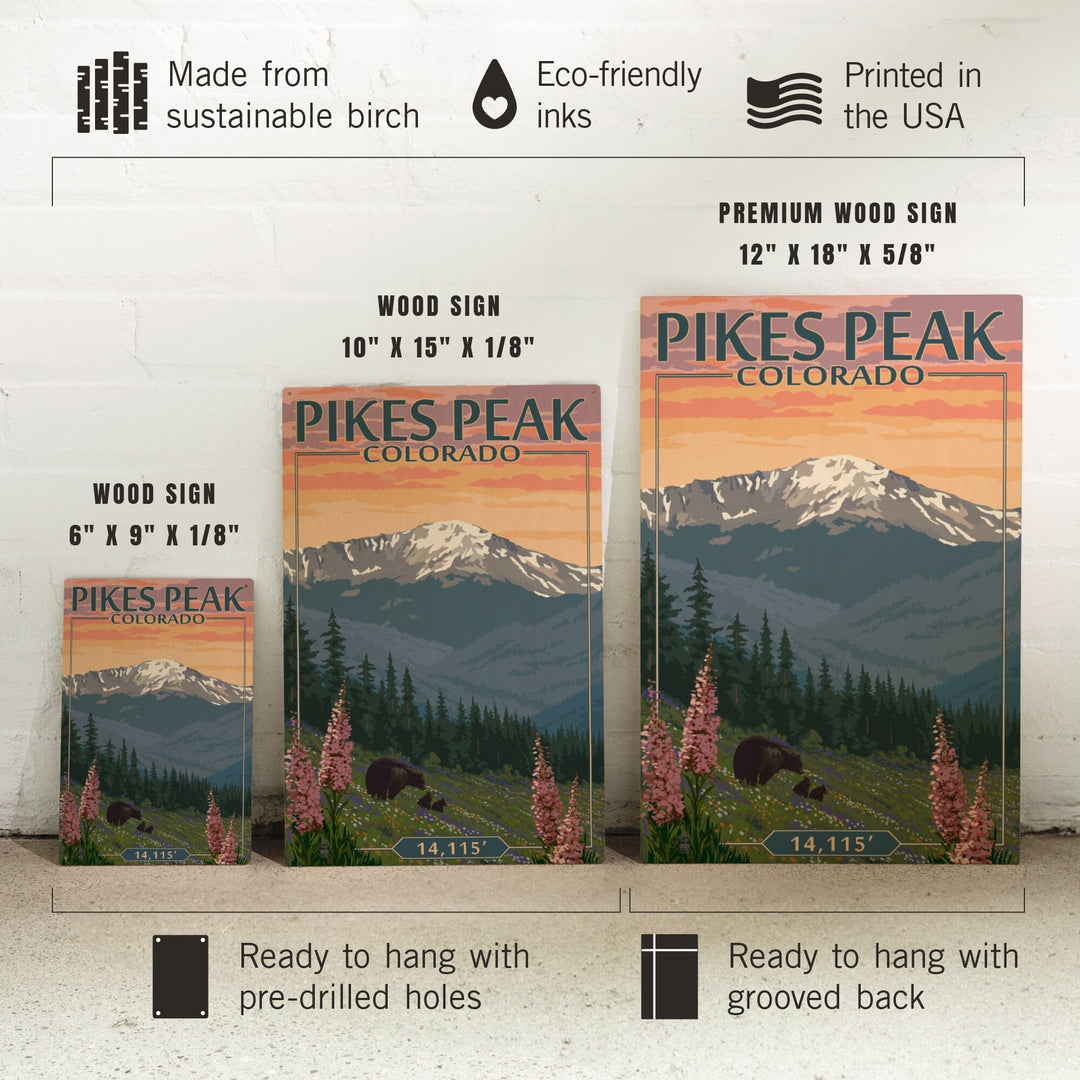 Pikes Peak, Colorado, Bear & Spring Flowers, Lantern Press Artwork, Wood Signs and Postcards Wood Lantern Press 
