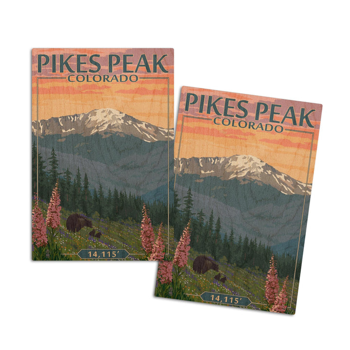 Pikes Peak, Colorado, Bear & Spring Flowers, Lantern Press Artwork, Wood Signs and Postcards Wood Lantern Press 4x6 Wood Postcard Set 