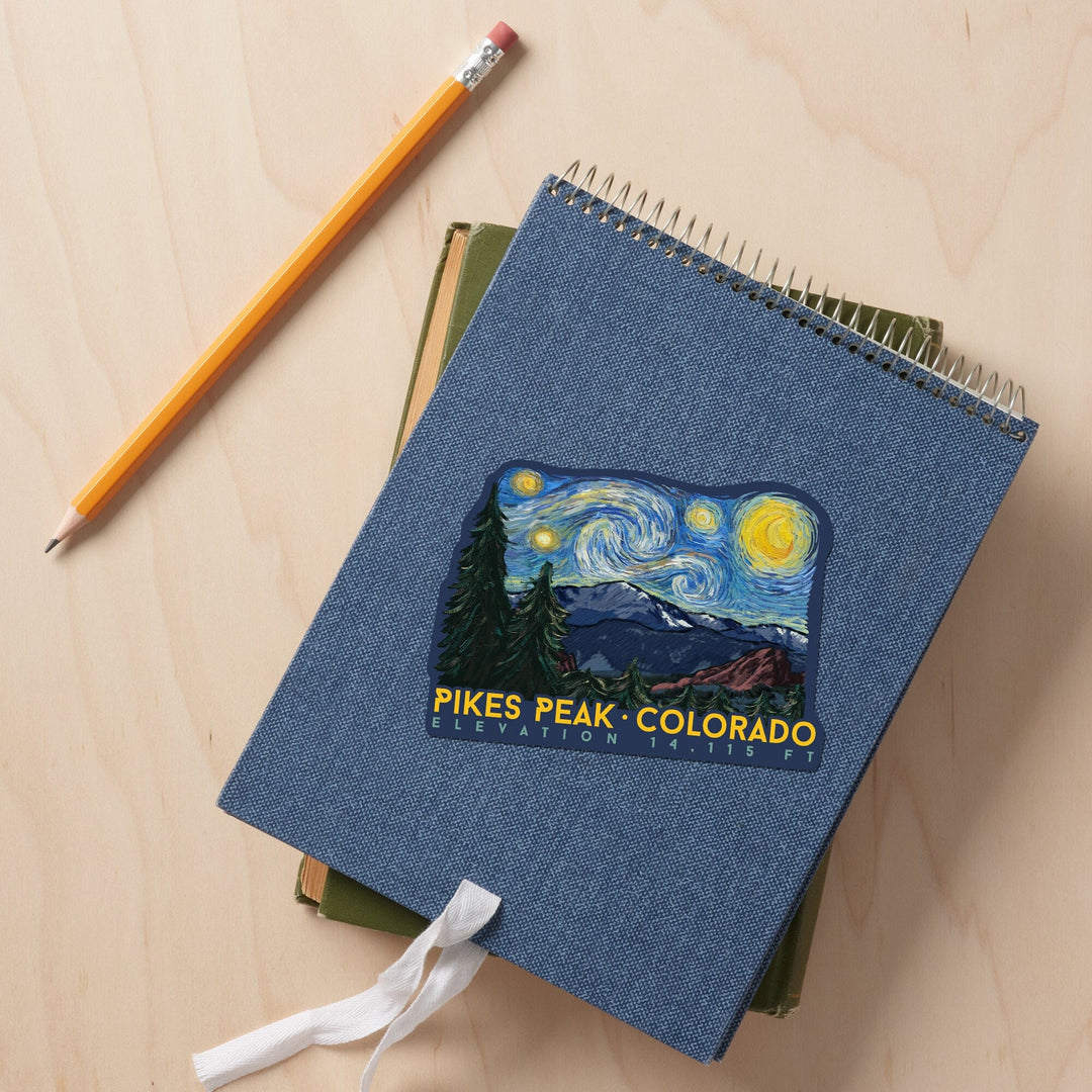 Pikes Peak, Colorado, Elevation, Starry Night, Contour, Lantern Press Artwork, Vinyl Sticker Sticker Lantern Press 