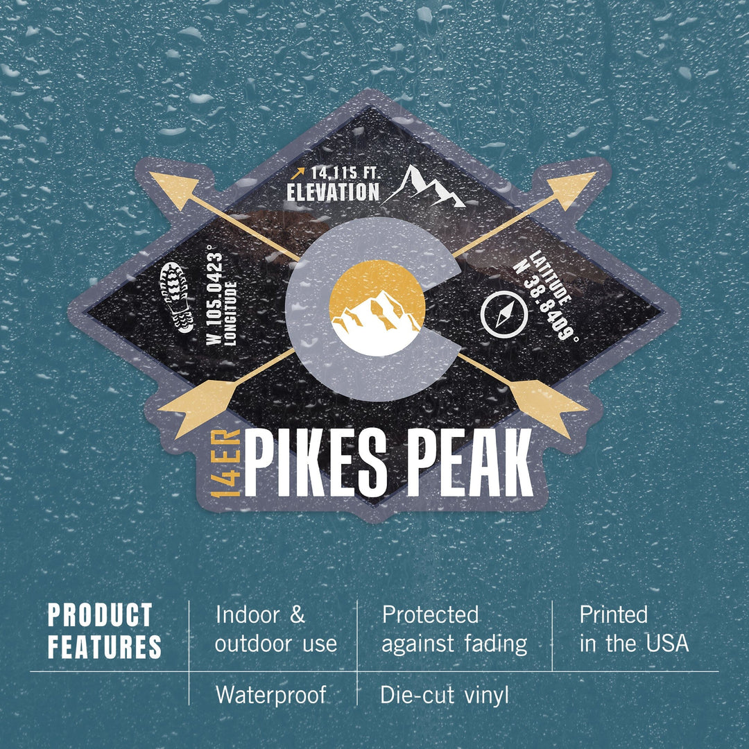 Pikes Peak, Colorado, Infographic, The Fourteeners, Contour, Lantern Press Artwork, Vinyl Sticker Sticker Lantern Press 