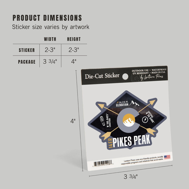 Pikes Peak, Colorado, Infographic, The Fourteeners, Contour, Lantern Press Artwork, Vinyl Sticker Sticker Lantern Press 