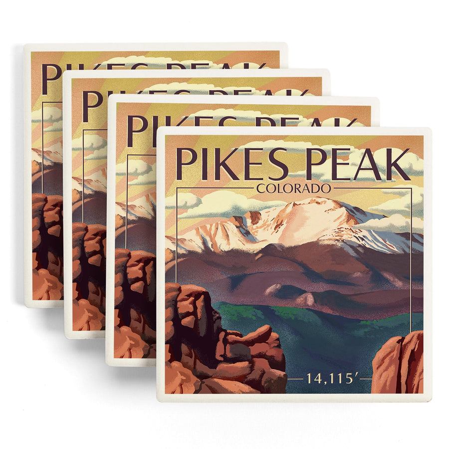 Pikes Peak, Colorado, Lithograph, Lantern Press Artwork, Coaster Set Coasters Lantern Press 