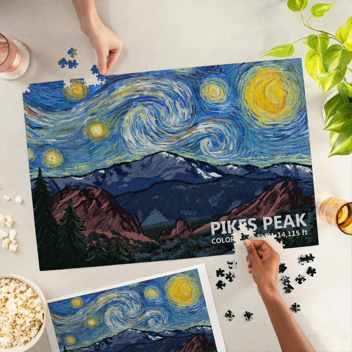 Pikes Peak, Colorado, Van Gogh Starry Night, Jigsaw Puzzle Puzzle Lantern Press 