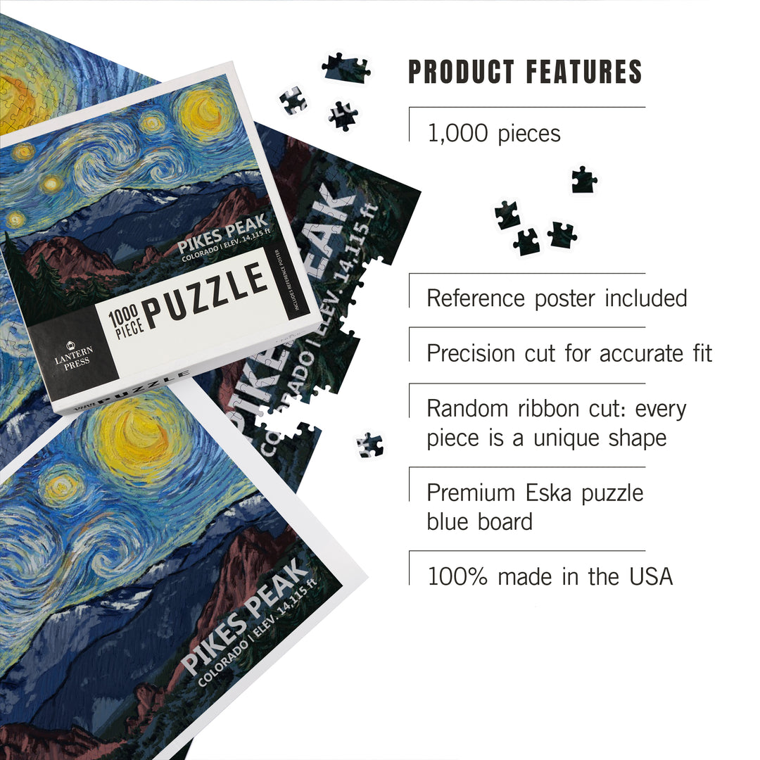 Pikes Peak, Colorado, Van Gogh Starry Night, Jigsaw Puzzle Puzzle Lantern Press 