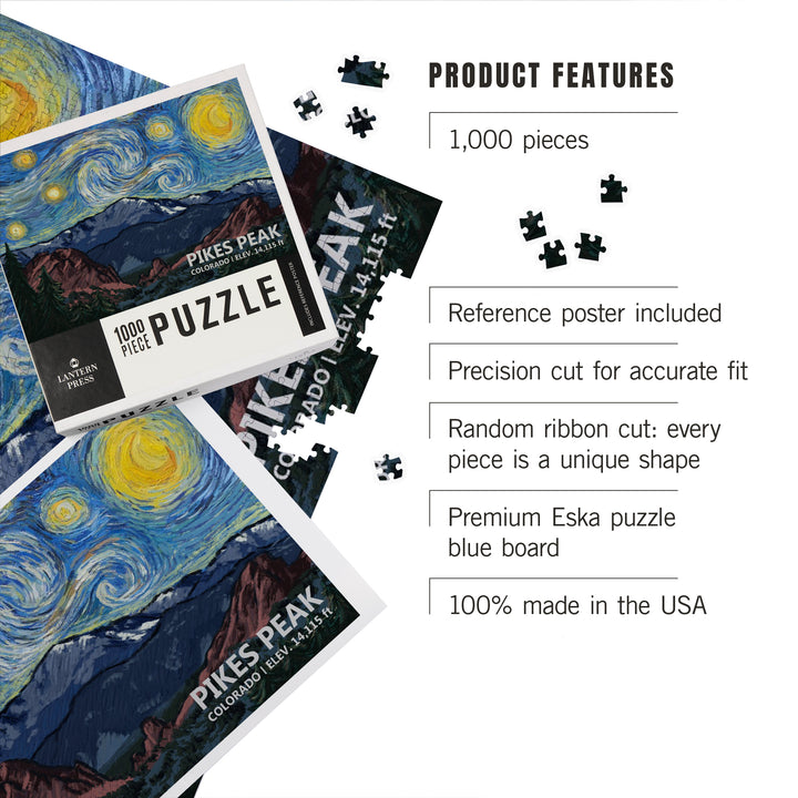 Pikes Peak, Colorado, Van Gogh Starry Night, Jigsaw Puzzle Puzzle Lantern Press 