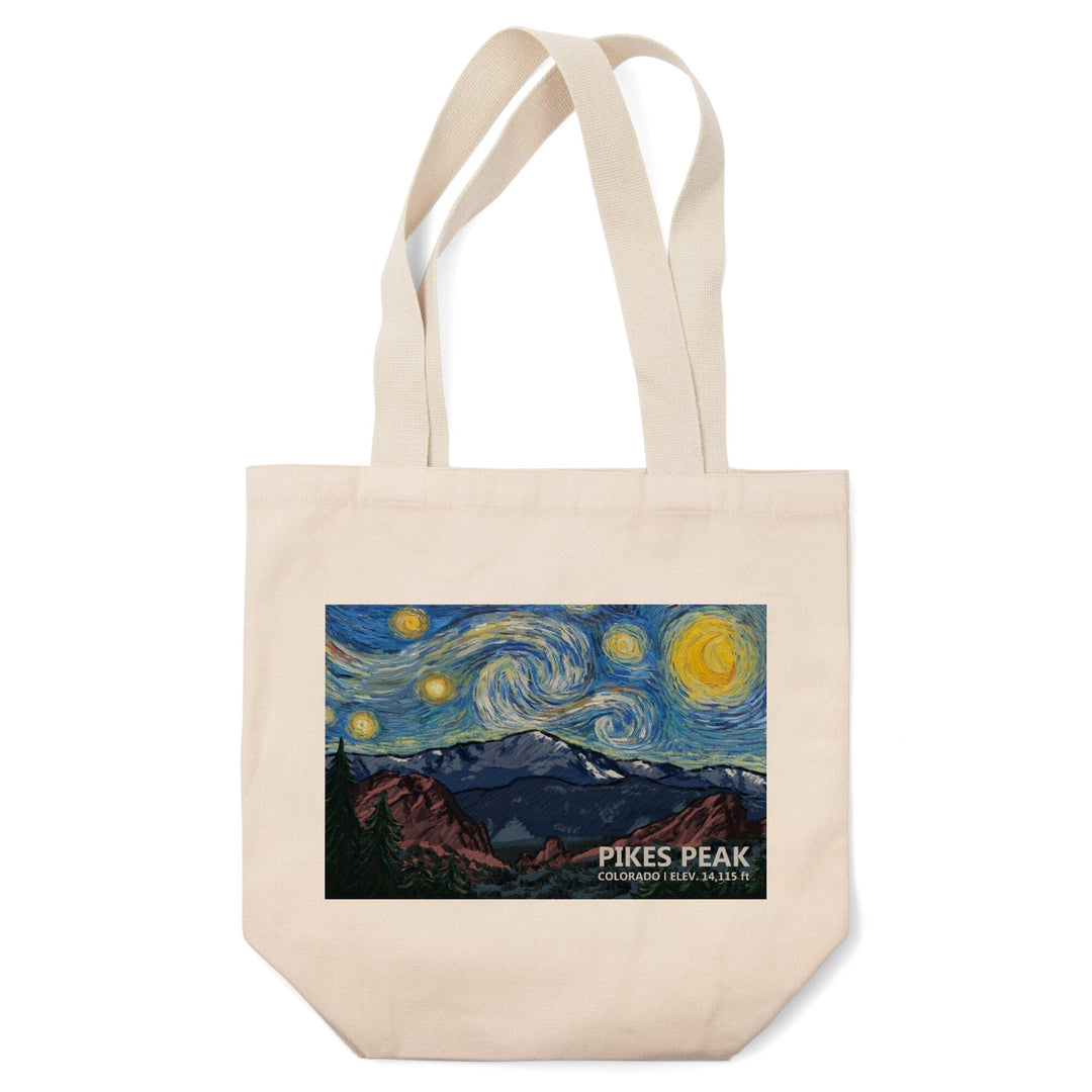 Pikes Peak, Colorado, Van Gogh Starry Night, Lantern Press Artwork, Tote Bag Totes Lantern Press 